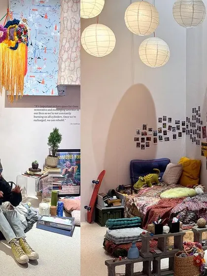 A diptych showing the 'Goblin Mode' space, where a person relaxes in a cozy, cluttered environment. The installation uses hand-tufted textures and crochet to create a landscape for imagination.