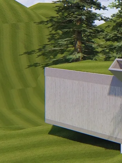 A detailed render highlighting the texture of the board-formed concrete walls against the soft green roof. This juxtaposition of materials is key to creating architecture that is both modern and deeply connected to its natural setting.