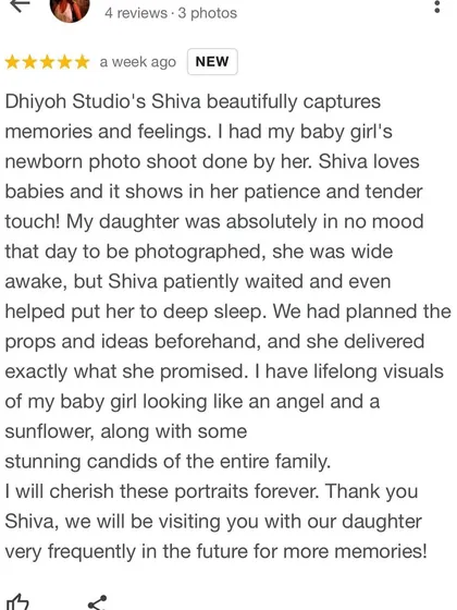 The trust and kind words from the families I work with mean the world to me. This review highlights my patient and gentle approach, which is especially important when a baby is fussy. My goal is always to deliver what I promise and create lifelong visuals you will cherish.
