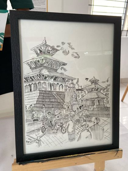 An intricate sketch of a temple scene, capturing the energy and detail of the location.