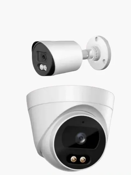 A comparison of a small bullet camera and a larger turret dome camera. Depending on your budget and security needs, I can provide the best hardware solution.
