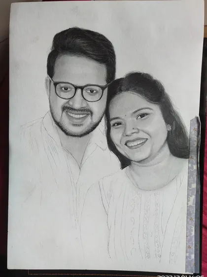 The couple's portrait is nearing the final stages. Both faces are shaded, and I am now refining the details and ensuring the likenesses are accurate.