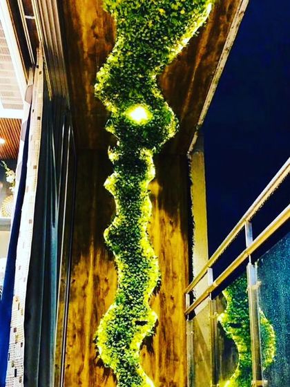 A dramatic backlit green wall installation in a commercial building. A wavy strip of greenery is set into a stone wall and lit from within, creating a glowing river of light.
