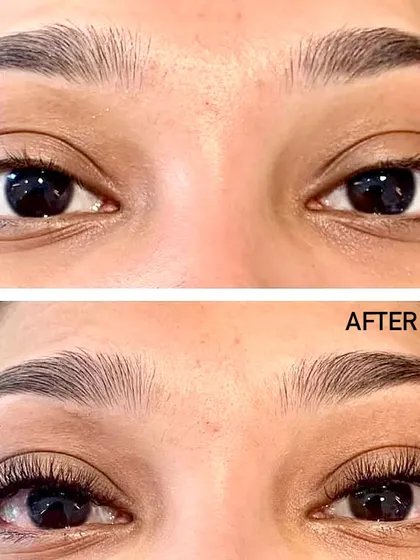 A direct before and after comparison that shows how extensions can completely transform the eyes. We added volume and length to create a fuller lash line that makes her eyes pop.