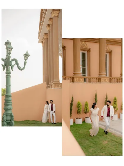 A collage from an elegant pre-wedding shoot, showing the couple against a backdrop of classic European-style architecture. This demonstrates my ability to create a sophisticated and romantic atmosphere.
