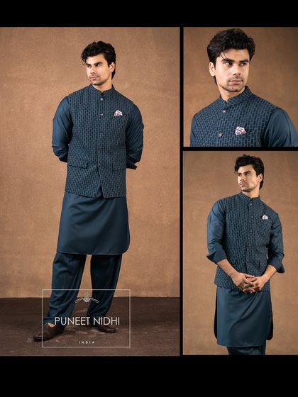 A teal brick-textured jacket paired with a tonal pathani kurta and salwar. This is a must-have for summer weddings, with cotton interlinings for breathability.