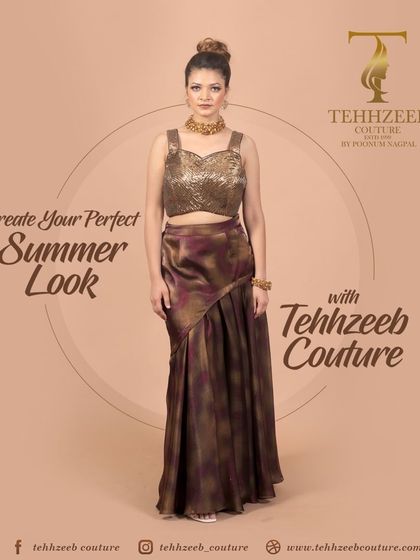 Create your perfect summer look with Tehhzeeb Couture. This outfit, with its sequined blouse and printed skirt, is perfect for a stylish summer evening.