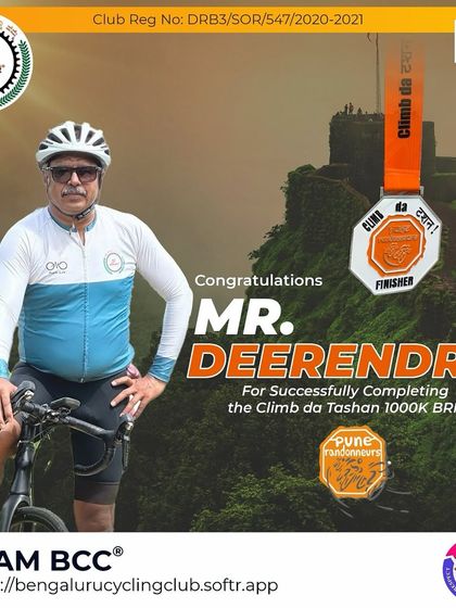 Congratulations to our rider, Mr. Deerendra, for successfully completing the "Climb da Tashan" 1000K BRM organized by Pune Randonneurs. A fantastic achievement.
