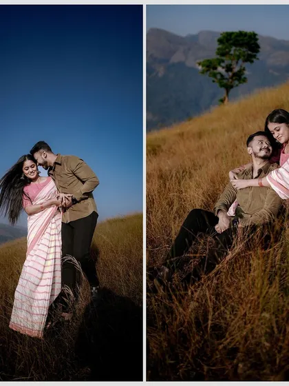 This collage from a mountain pre-wedding shoot shows both a playful, candid moment and a relaxed, seated portrait, capturing the couple's connection amidst nature.