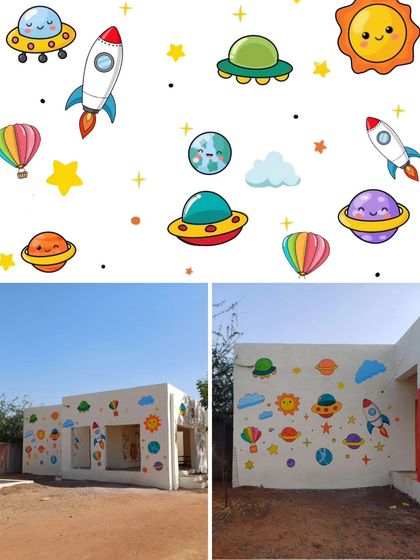 A playful outer space mural with cute planets, rockets, and UFOs, perfect for a preschool or kindergarten wall.