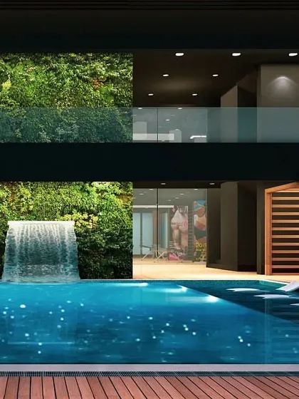 For Embrace Towers, I designed lifestyle and leisure amenities to uplift the residents' day. This render shows the pool area, complete with a waterfall feature and a vertical green wall, creating a resort-like oasis.
