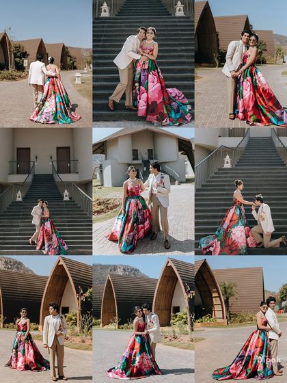 A collage showcasing a couple's playful and romantic moments at their pre-wedding carnival. The variety of shots captures the dynamic energy of the day.