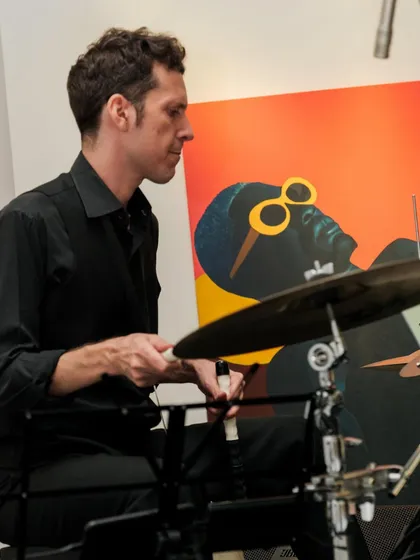 Our drummer getting into the groove at the Jo Malone launch. Every musician in the collective is a top-tier professional.