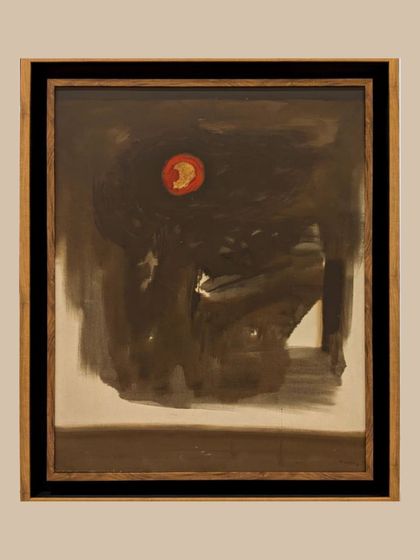 Another abstract from the 1980s by Sachida Nagdev. A crimson orb pierces the smoky void, suggesting a quiet eclipse or a burning moon. This was a time when art was made for art’s sake, raw and honest.