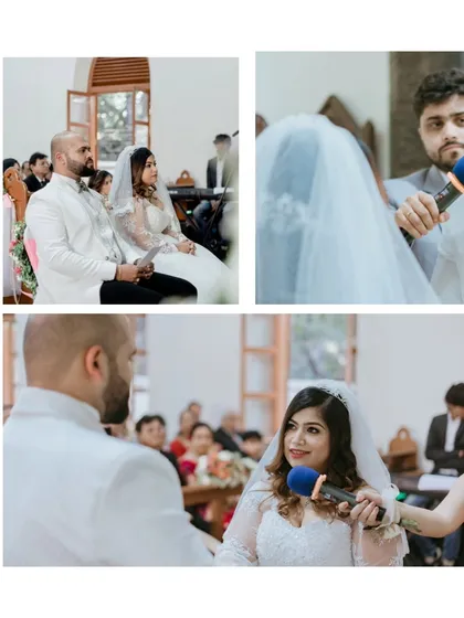 A collage of moments from a Catholic wedding ceremony, showing the couple exchanging vows and listening to the priest's sermon in the church.