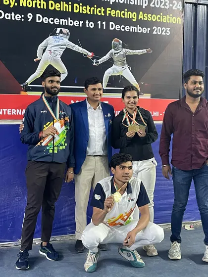 Our senior medalists in sabre and foil from the Delhi State Championship. Their achievements inspire our younger fencers to aim high.