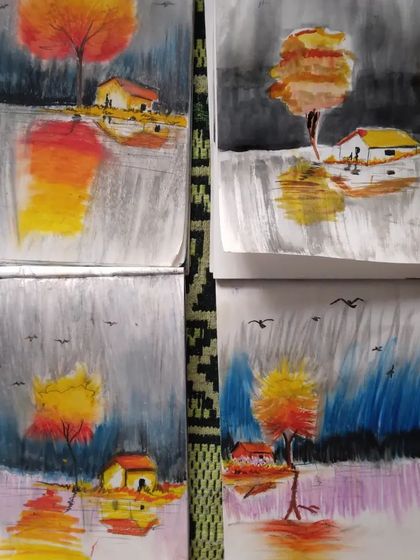 Collages showing the amazing variety of oil pastel drawings from our classes, from flowers and animals to landscapes and festive themes.