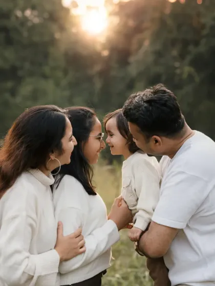 A family shares a sweet nose-to-nose moment during their golden hour photoshoot. The warm light and loving interaction create a magical feel.