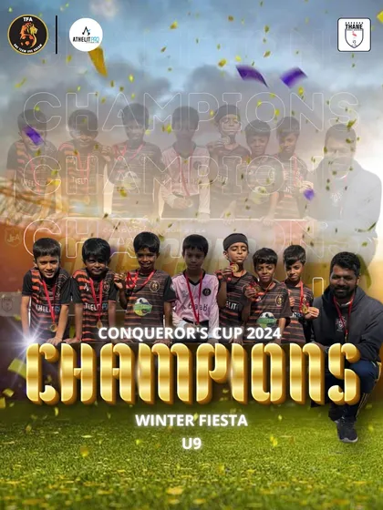 Our mighty U9 team after winning the Conqueror's Cup 2024 Winter Fiesta. Their passion and energy on the field were unmatched.