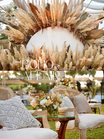 A collage showcasing a "Boho Affair" sangeet. The decor features pampas grass, macrame details, and earthy tones, creating a relaxed yet chic vibe.