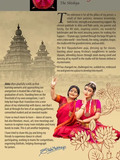 Stuti Mukherjee's personal note in her arangetram brochure, expressing her gratitude and reflecting on her 10-year journey with me at Natya Vriksha.