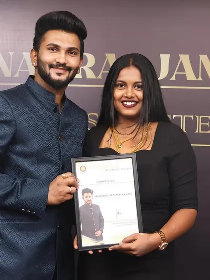 I was honored to receive my masterclass certificate from the master himself, Kannan Raajamanickam. This advanced training ensures I bring the latest and best techniques to my brides.