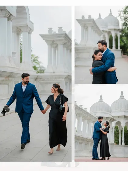 A collage of Aditya and Neelam's modern, stylish shoot at Gaitor Ki Chhatriyan, showcasing the beautiful white marble architecture.