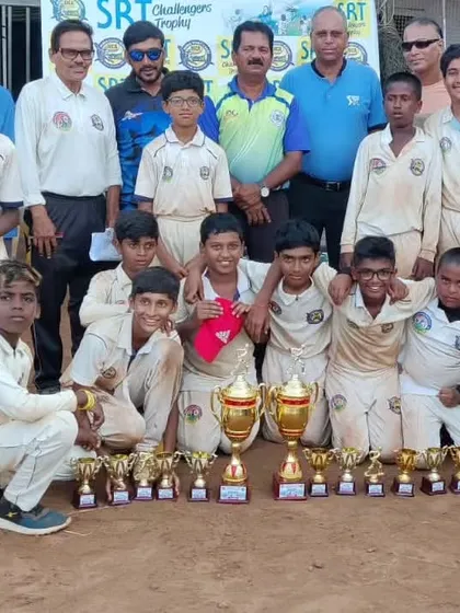 The U-14 team after winning the SRT Challengers Trophy 2023. This 4-match series win was a result of great teamwork and consistent performances.