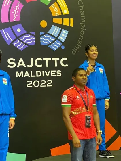 A close-up of Yashaswini on the podium in Maldives.