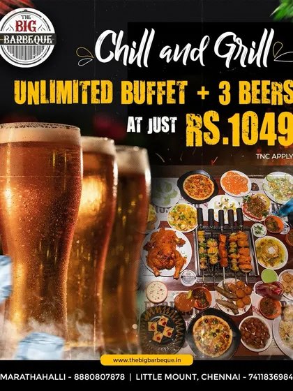 Chill, grill, and sip. Enjoy an unlimited spread of delicious BBQ treats with three refreshing beers for ₹1049.