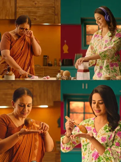 A collage of stills from the Pavizham CookOff ad, showing the contrast between traditional and modern cooking methods.