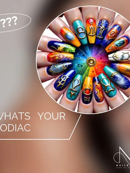 Showcase your personality right down to your fingertips with our themed nail art. This impressive zodiac wheel displays our ability to create highly detailed, colorful, and personalized designs on a full set of long nails.