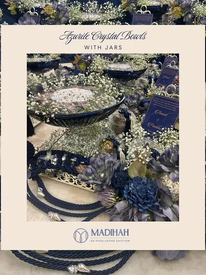 A product card for the Azure Crystal Bowls with Jars, highlighting this combination as a premium wedding gifting option. The design is meant to be a cherished keepsake for guests.