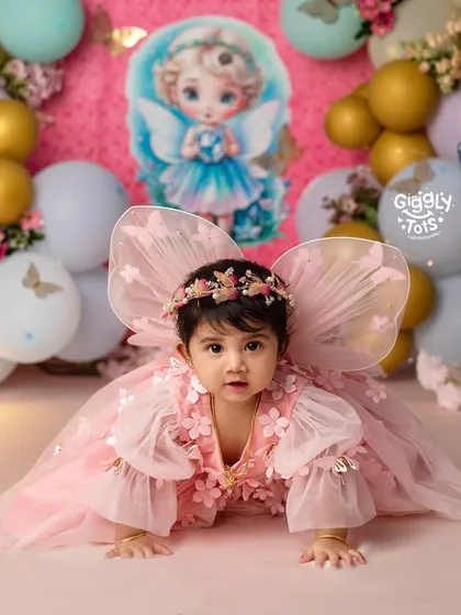A crawling little angel in a pink dress, exploring her magical fairy-themed birthday setup.