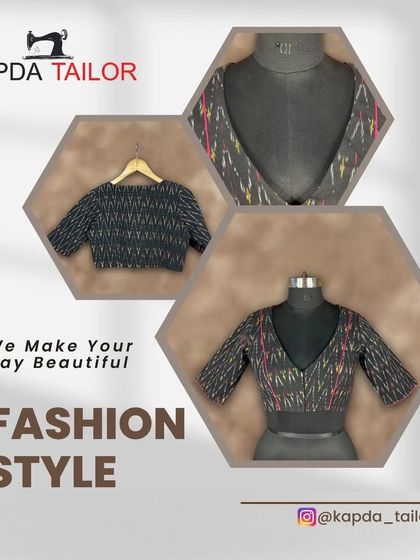Fashionable designs. This graphic collage features our popular black ikat blouse, showing it from multiple angles.