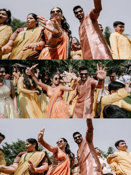A collage of high-energy dance moments from a Haldi ceremony. We capture the couple and their guests letting loose and enjoying the celebration to the fullest.