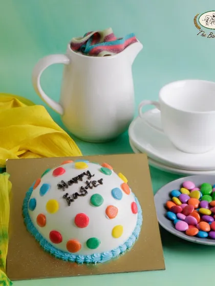 Our Easter Egg Mango cake is a seasonal delight, shaped like an egg and decorated with colorful gems for a festive touch.