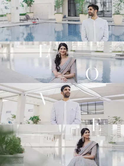 A creative collage of the couple by the pool. The mix of shots and the 'LOVE' text overlay create a modern and stylish engagement announcement.