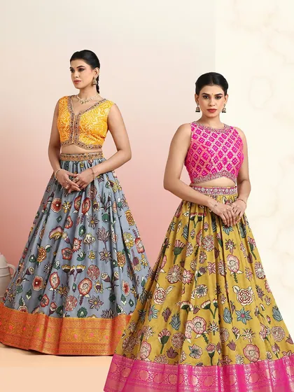 Two stunning floral lehengas side-by-side, one in mustard and pink, the other in grey and yellow, showcasing the versatility of our designs.