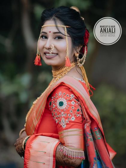 A portrait of our beautiful bride Akshaya. My artist Anjali created her traditional Maharashtrian wedding look, complete with the mundavalya, nath, and a classic bridal updo.