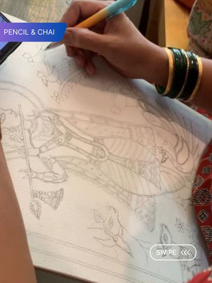 The initial pencil sketch of a complex Kalamkari design. Every great painting begins with a thoughtful and detailed drawing.
