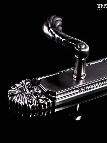 This is my Roshanara door lever in an Antique Silver finish. The ornate, carved backplate and twisted lever handle are inspired by royal attire, offering a different kind of opulence that is intricate, bold, and full of character.