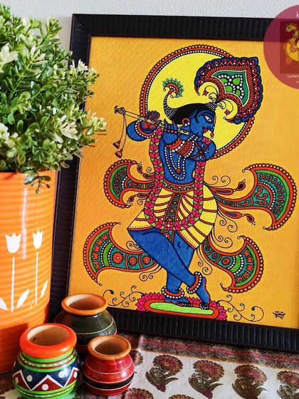 The framed Venugopala painting, styled in a home setting. Seeing how a piece can brighten a space with its color and energy is one of the most rewarding parts of my work. This one has found a lovely home.