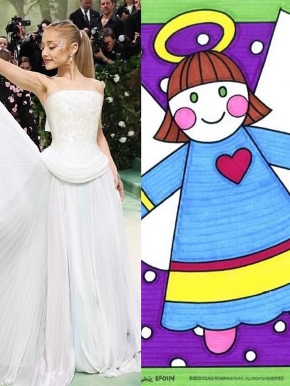 This angelic look from the Met Gala is a perfect real-world counterpart to the angel characters our students learn to draw, focusing on flowing lines and simple, elegant shapes.