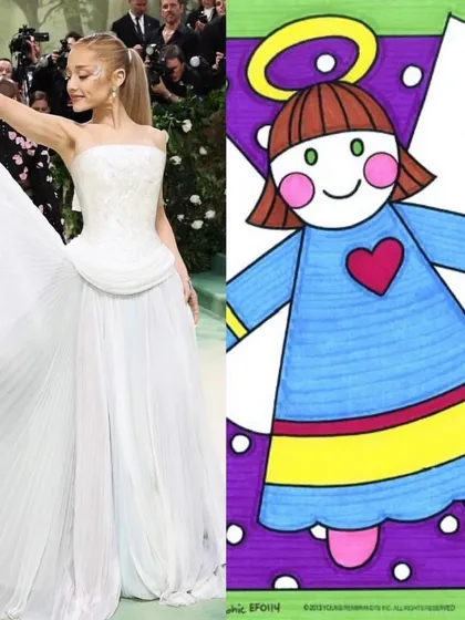 This angelic look from the Met Gala is a perfect real-world counterpart to the angel characters our students learn to draw, focusing on flowing lines and simple, elegant shapes.
