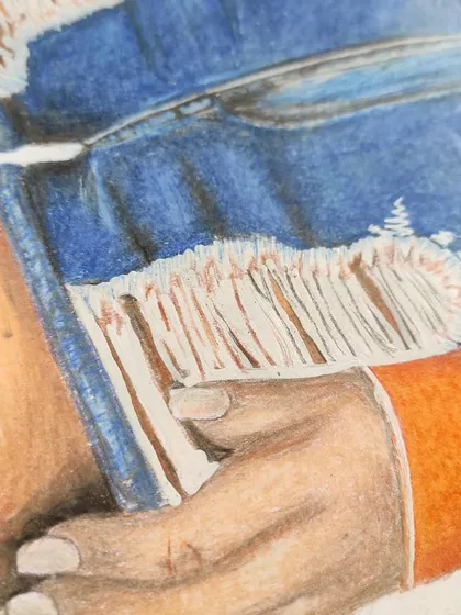 A close-up on the ripped denim shorts, showing the detailed threads and texture I created with a white gel pen.