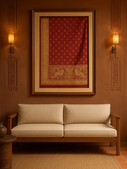 A framed red handloom saree with peacock motifs, displayed as a stunning piece of wall art.