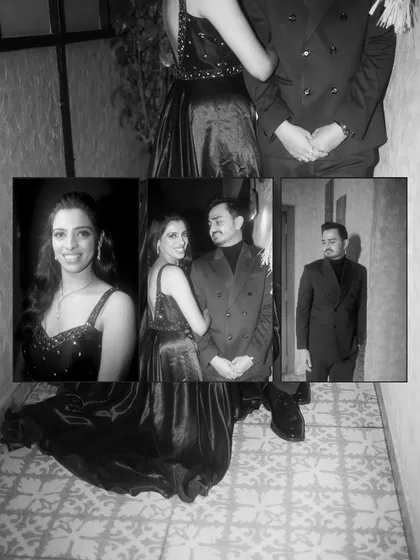 A stylish black and white collage from a cocktail party. The images have a classic, film-like quality, capturing the couple's elegant evening look.