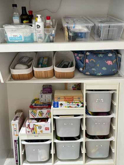 An entire storage unit for a child's essentials, from art supplies and games to diapers and wipes. Everything is organized into labeled, easy-to-access bins and shelves.
