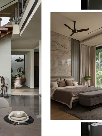 A glimpse into the private spaces of 'Tropis', showing a luxurious bedroom with a marble feature wall and a view of the garden.